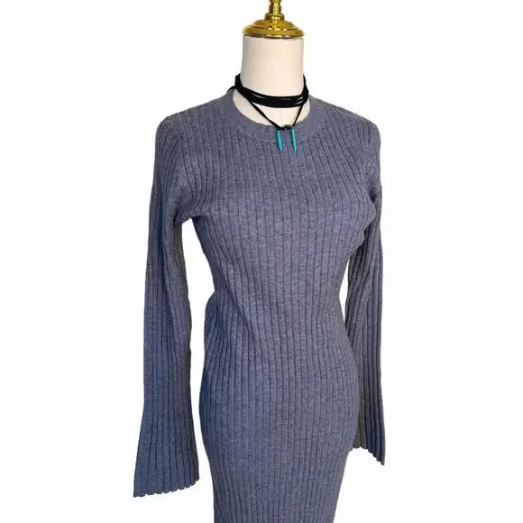 THE DROP🩶RIBBED LONG-SLEEVE KNIT MIDI DRESS – Cozy Chic in Heathered Blue-Gray - Picture 2 of 6
